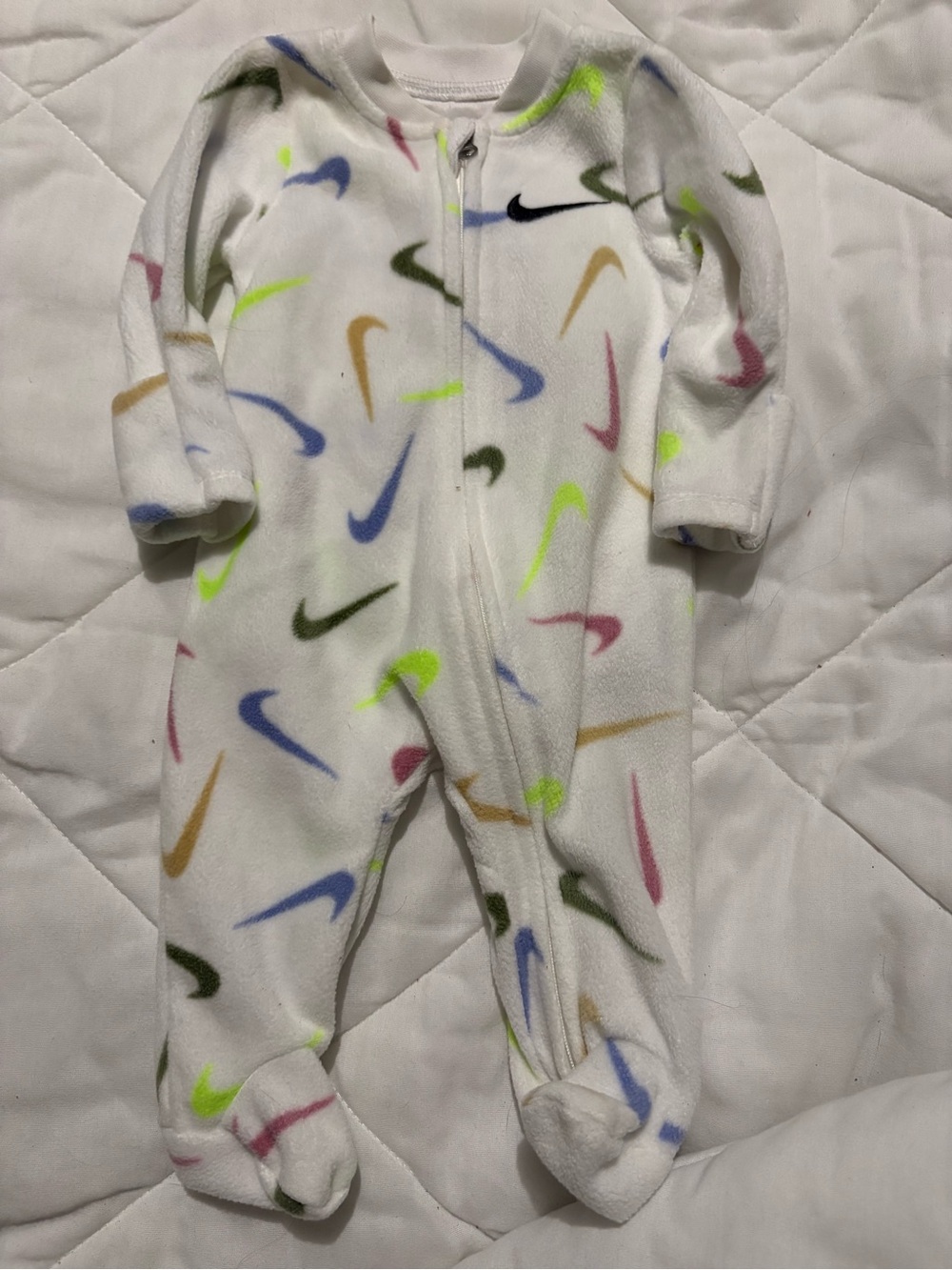 Nike White Baby Footed Fleece One-Piece with Multicolor Swooshes